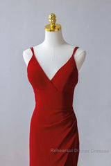 Pretty Red Mermaid Straps Long Evening Dress With Leg Slit, Red Semi Formal Prom Dress
