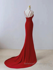Pretty Red Mermaid Straps Long Evening Dress With Leg Slit, Red Semi Formal Prom Dress