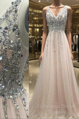 Pretty Sequins Long Tulle V-Neck Semi Formal Prom Evening Gowns