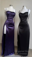 Pretty Sheath Spaghetti Straps Floor Length Ruffles Grape Slit Semi Formal Prom Dresses
