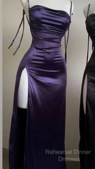 Pretty Sheath Spaghetti Straps Floor Length Ruffles Grape Slit Semi Formal Prom Dresses