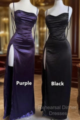 Pretty Sheath Spaghetti Straps Floor Length Ruffles Grape Slit Semi Formal Prom Dresses