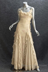 Pretty Sheath Spaghetti Straps Yellow Floor Length Evening Dress Chiffon Semi Formal Prom Dresses