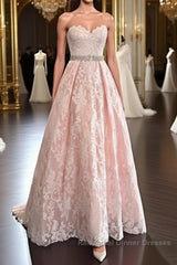 Pretty Sweetheart Neck Pink Lace Semi Formal Prom Dresses, Pink Evening Dresses