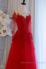 Pretty Tulle Long Semi Formal Prom Dress With Applique,Red Party Dress Formal Evening Dress