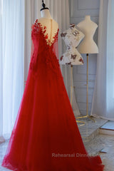 Pretty Tulle Long Semi Formal Prom Dress With Applique,Red Party Dress Formal Evening Dress