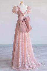 Princess A Line Pink Short Sleeves Sequin Long Semi Formal Prom Dresses