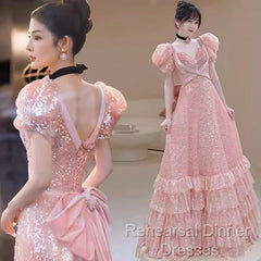 Princess A Line Pink Short Sleeves Sequin Long Semi Formal Prom Dresses