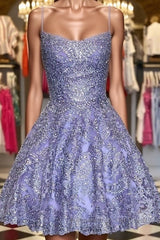 Princess Beaded Purple Lace Semi Formal Prom Dresses, Short Purple Lace Homecoming Dresses, Purple Formal Evening Dresses