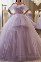 Princess Lavender Tulle Floral Long Semi Formal Prom Dresses, Lavender Formal Evening Dresses, Purple Ball Gown