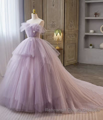 Princess Lavender Tulle Floral Long Semi Formal Prom Dresses, Lavender Formal Evening Dresses, Purple Ball Gown