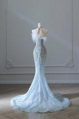 Princess Mermaid Strapless Neckline Long Sequin Light Sky Blue Long Wedding Dresses Brides Dress