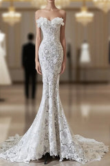 Princess Mermaid Strapless White Lace Long Wedding Dresses Brides Dress