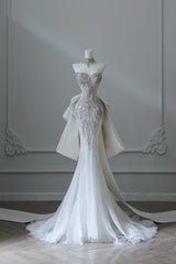 Princess Mermaid Sweetheart White Tulle Long Wedding Dresses Brides Dress