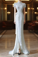 Princess Sheath High Neckline White Sequin Long Wedding Dresses Brides Dress