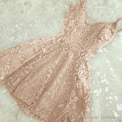 A Line Spaghetti Straps Champagne Short Short Cute Prom Dresses