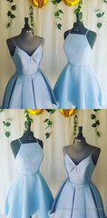 A Line V Neck Light Sky Blue Short Homecoming Dress With Pleats