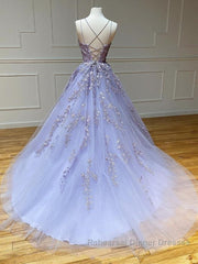 Long Backless Lavender Lace Semi Formal Prom Dresses