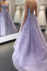 Lavender Backless Tulle Lace Long Semi Formal Prom Dresses
