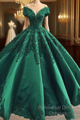 Semi Formal Prom Dresses Elegant Green Satin Ball Gown Wedding Dress Lace Embroidery Beaded Off The Shoulder For Bridal Party