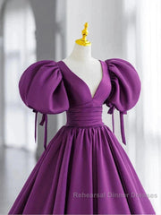Puffy Sleeve Backless Satin Purple Backless Semi Formal Prom Dress