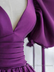 Puffy Sleeve Backless Satin Purple Backless Semi Formal Prom Dress