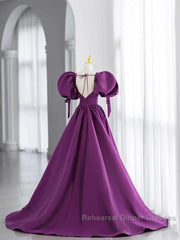 Puffy Sleeve Backless Satin Purple Backless Semi Formal Prom Dress