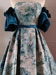 Puffy Sleeves Print Blue Quinceanera Semi Formal Prom Dress
