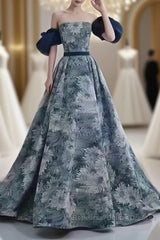 Puffy Sleeves Print Blue Quinceanera Semi Formal Prom Dress