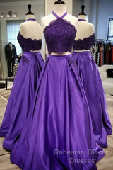 Purple 2 Piece Lace Semi Formal Prom Dress Halter Long Evening Gowns With Pockets