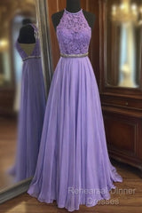Purple A Line Chiffon Lace Semi Formal Prom Dress Evening Dress