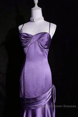 Purple A-Line Mermaid Straps Evening Dress, Purple Satin Semi Formal Prom Dress Formal Dress