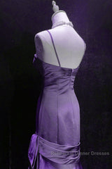 Purple A-Line Mermaid Straps Evening Dress, Purple Satin Semi Formal Prom Dress Formal Dress