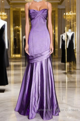 Purple A-Line Mermaid Straps Evening Dress, Purple Satin Semi Formal Prom Dress Formal Dress
