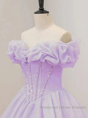 Purple A-Line Off Shoulder Long Ball Dress Purple Dress Semi Formal Prom Dresses