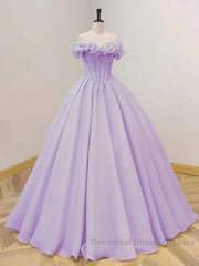 Purple A-Line Off Shoulder Long Ball Dress Purple Dress Semi Formal Prom Dresses