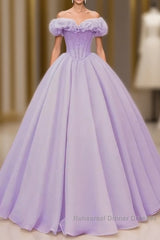 Purple A-Line Off Shoulder Long Ball Dress Purple Dress Semi Formal Prom Dresses
