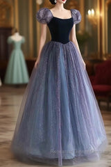 Purple A-Line Tulle Long Semi Formal Prom Dress, Purple Formal Dress