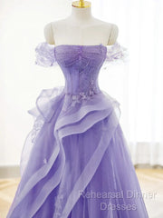 Purple A-Line Tulle Off Shoulder  Long Semi Formal Prom Dress, Purple Lace Evening Dress