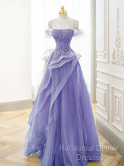 Purple A-Line Tulle Off Shoulder  Long Semi Formal Prom Dress, Purple Lace Evening Dress