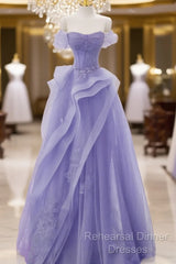 Purple A-Line Tulle Off Shoulder  Long Semi Formal Prom Dress, Purple Lace Evening Dress