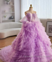 Purple Ball Gown Tulle Off The Shoulder Tiers Semi Formal Prom Dress