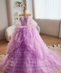 Purple Ball Gown Tulle Off The Shoulder Tiers Semi Formal Prom Dress