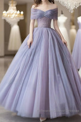 Purple Beaded Tulle Ball Gown Formal Dress, Off Shoulder Sweet 16 Formal Dress
