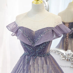 Purple Gradient A-Line Beaded Tulle Long Semi Formal Prom Dress, Floor Length Purple Evening Dress