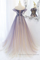 Purple Gradient A-Line Beaded Tulle Long Semi Formal Prom Dress, Floor Length Purple Evening Dress
