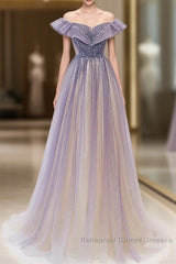 Purple Gradient A-Line Beaded Tulle Long Semi Formal Prom Dress, Floor Length Purple Evening Dress