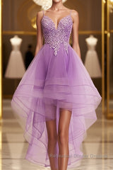 Purple High Low Lace Semi Formal Prom Dresses, Light Purple High Low Lace Formal Homecoming Dresses