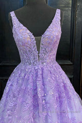Purple Lace Long A Line Semi Formal Prom Dress Evening Dress