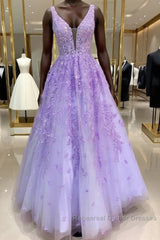 Purple Lace Long A Line Semi Formal Prom Dress Evening Dress